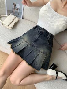 DAZY 女式复古水洗褶皱流苏下摆短款牛仔迷你裙牛仔裙秋冬 - 中等水洗藍 - 查看 4