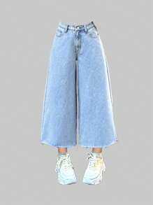 SHEIN Teen Girls' Y2K Spring Summer Casual Light Washed Casual High Waisted Loose Baggy Wide Leg Denim Jeans With Raw Hem,Girls Summer Cotton Flowy Pants Outfits,Girls Summer Graduation Concert Rave Festival Holiday Outfits - Light Wash - View 1