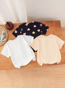 SHEIN Young Girl Valentine's Day T-Shirt,White,Summer,School Spring Style Top,Cute Lively Short Sleeve,LOVE Print,Pink Heart&Smiling Face Design,Gift Set - Multicolor - View 2