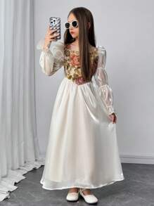 Firerie Kids Firerie Kids Tween Girl Retro Splice Waist Puff Sleeve Dress, Jacquard Splice Mesh Skirt Princess Style' - Apricot - View 5