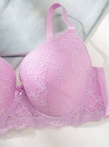 1pc Sexy Lace Elegant Comfortable Gathering Adjustable Underwire Anti-Sagging Push-Up Plus Size Lingerie Bra For Women, Lift - Pink - View 4