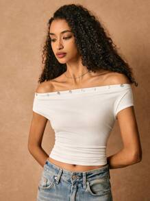Poéselle Women's Elegant White Off Shoulder Pleated Slim Fit Casual Blouse,Summer Brunch One-Line Shoulder Top,Button Decoration Comfortable Breathable T-Shirt - White - View 7