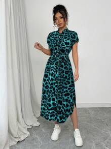 Rafferiza 女士休闲度假旅行豹纹前扣衬衫腰带蝴蝶结口袋侧开衩2025夏季新款短袖长裙