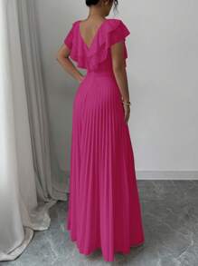 Elenzga 女士 V 领荷叶边腰 A 字型优雅浪漫连衣裙 - 玫紅色 - 查看 2