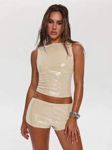 SHEIN BAE HEIN BAE Top Assimétrica Casual Verde Oliva Sólida Sem Mangas com Brilho, Adequada para Encontro à Noite, Festa, Chá da Tarde com Amigos, Casamento, Festa de Aniversário, Dia dos Namorados, Show, Minimalista e da Moda, para Usar à Noite, Balada