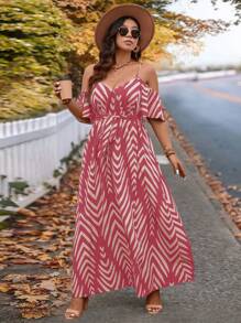 SHEIN VCAY Plus Size Dusty Pink Maxi Dress: Casual Chevron Print Woven Wrap Dress With Spaghetti Straps And Short Sleeves - Dusty Pink - View 6