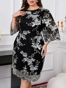 SHEIN Clasi Plus Size Elegant Party Sequined Embroidered Dress - Silver - View 3