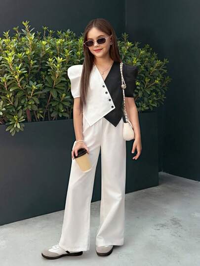 SHEIN Nova Glow Tween Girls Woven Splice Gigot Sleeve Bezrękawnik Top & Spodnie z prostymi nogawkami 2 sztuki Zestaw