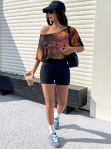 SHEIN EZwear 女士扎染超大不对称下摆短款 T 恤