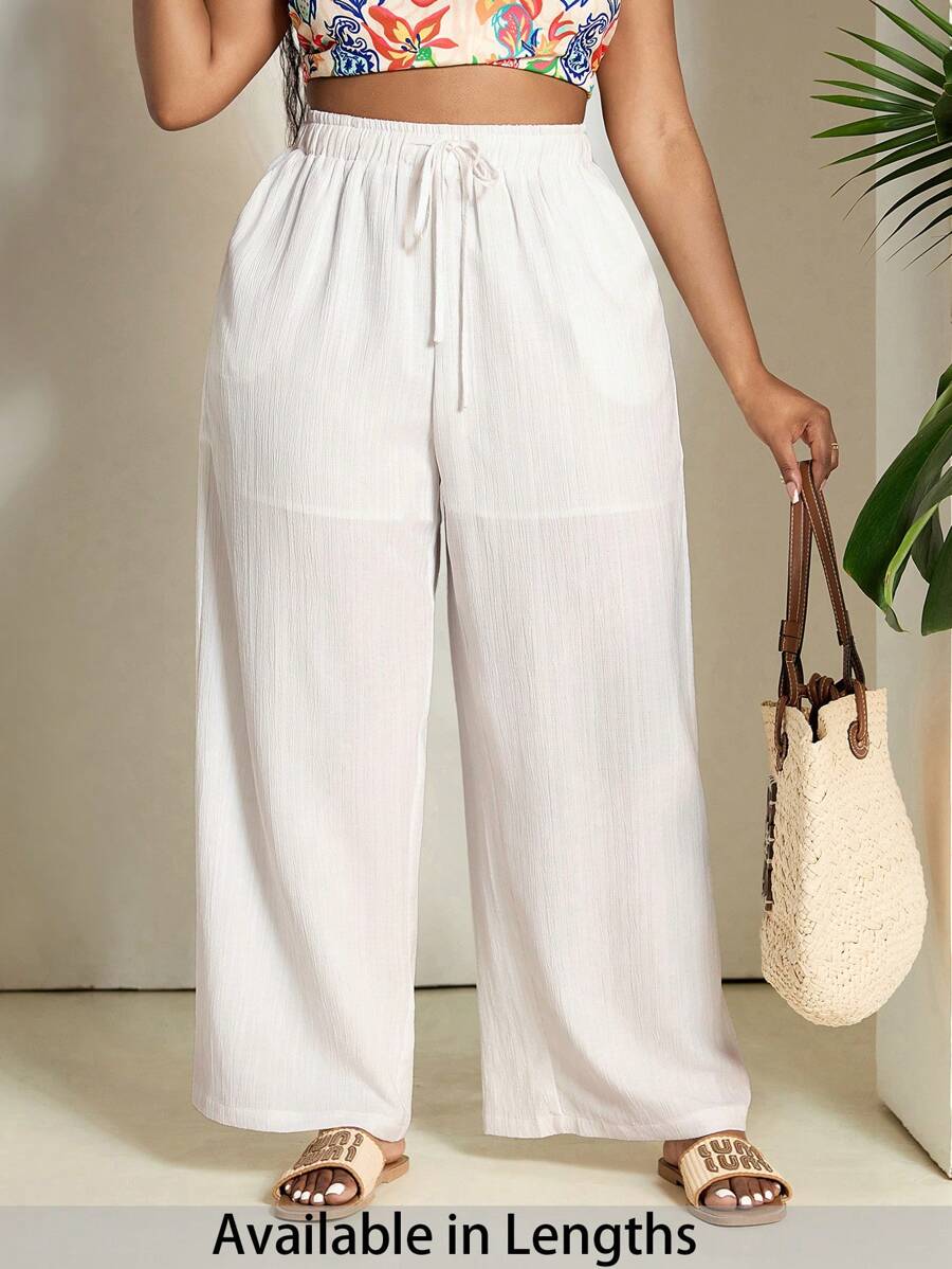 SHEIN PETITE CURVE 女士大码休闲纯色裤 - 白色 - 查看 1