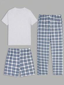RueChic Set da uomo loungewear a 3 pezzi (maglietta, pantaloncini e pantaloni) stampato con motivo a plaid in cotone