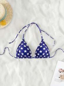 SHEIN Swim 女士性感交叉露背比基尼上衣，带有随机星星印花，夏季海滩 - 藍白色 - 查看 2