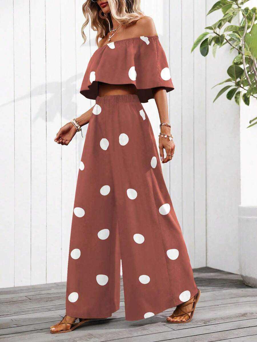 SHEIN Clasi 1 Set Off-Shoulder Polka Dot Print Blouse And Wide Leg Pants (Floral Pattern Randomly Placed) - Redwood - View 1