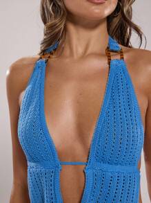SHEIN BAE 2pcs Sexy Hollow Out Back & Front Slit Halter Women Knit Sweater Set - Blue - View 8