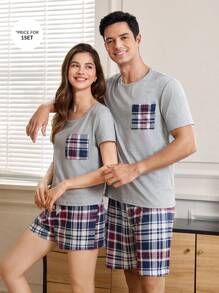 Manfinity Contrast Plaid Print Pocket Decor Men's Short Sleeve Top And Shorts Pajama Set, Casual Home Wear - Multicolor - View 1