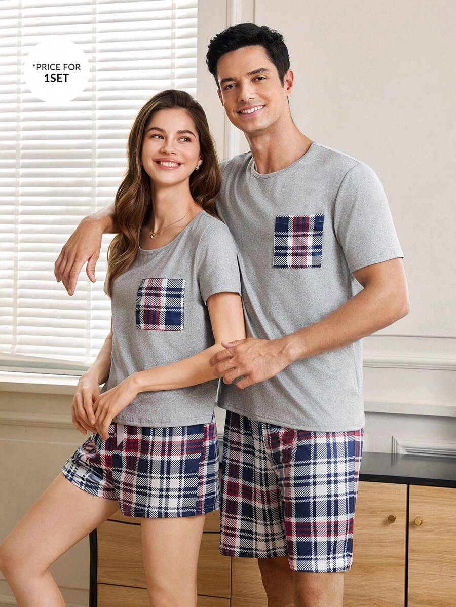Manfinity Contrast Plaid Print Pocket Decor Men's Short Sleeve Top And Shorts Pajama Set, Casual Home Wear - Multicolor - View 1