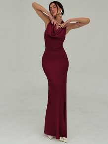 Aloruh 女士极简主义通勤高领不对称下摆紧身长裙，配有领带和露背设计 - 酒紅色 - 查看 6