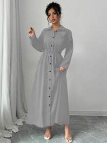 Elenzga 女式纯色长袖单排扣长款休闲衬衫裙