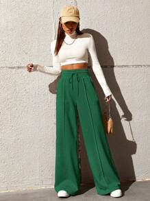 SHEIN Tall CURVE Plus Size Women's Casual Extra Long Knitted Fabric Pants With Pockets In Dark Green - Dark Green - View 5