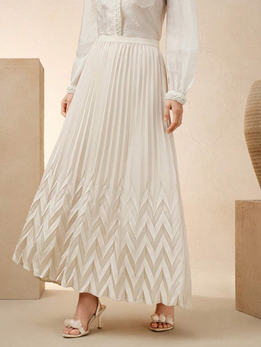 Anewsta 女士优雅褶皱 A 字缎面半身裙，适合节日、度假、假日、休闲和商务休闲 - 杏色 - 查看 1