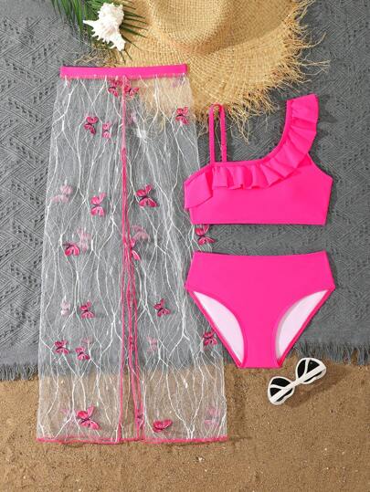 青少年女童比基尼套装，3 件套女童泳装套装，单肩比基尼套装和透视裙，带 3D 蝴蝶装饰，时尚荷叶边休闲海滩度假夏季服装套装女童沙滩装女童夏季沙滩装