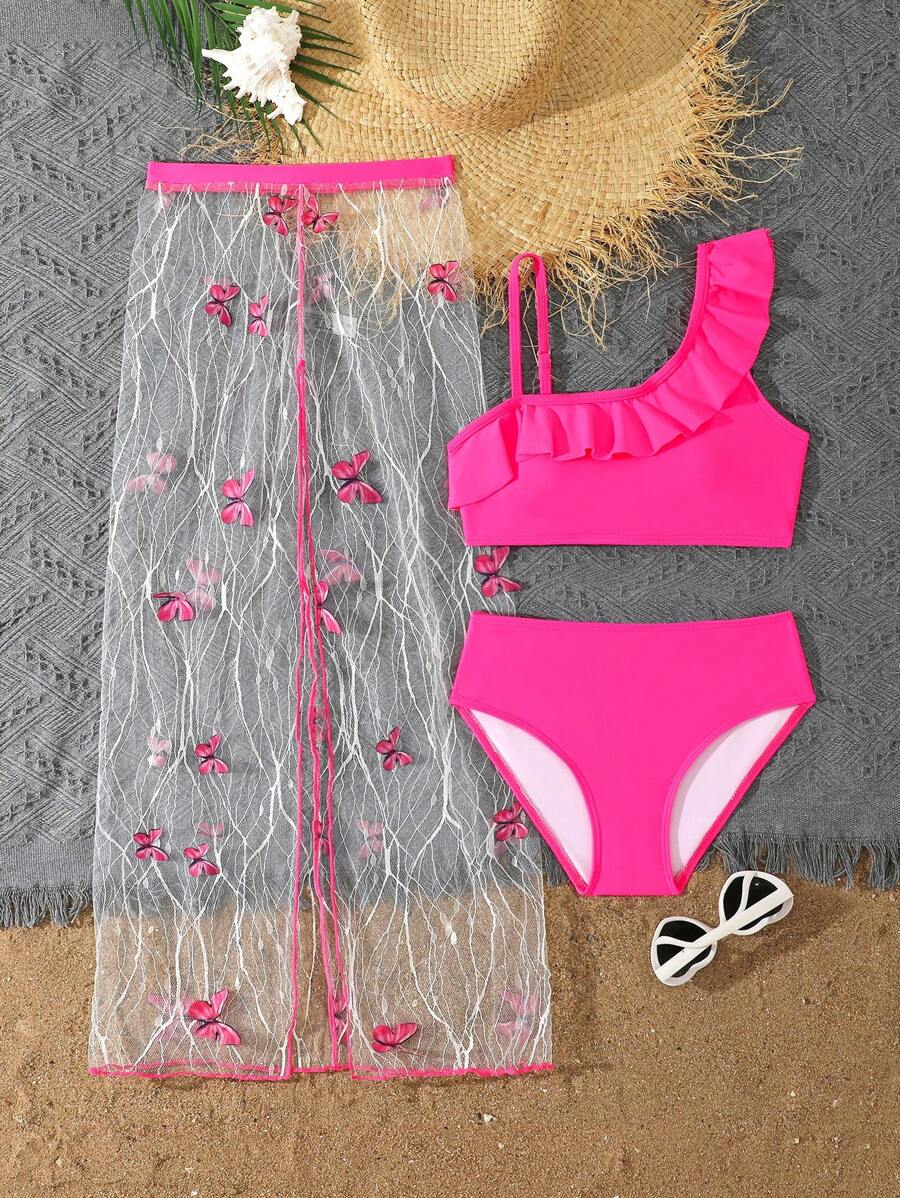 青少年女童比基尼套装，3 件套女童泳装套装，单肩比基尼套装和透视裙，带 3D 蝴蝶装饰，时尚荷叶边休闲海滩度假夏季服装套装女童沙滩装女童夏季沙滩装 - 玫紅色 - 查看 1