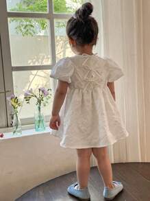 LMoss Kids LMoss   Baby Girl Solid Color Round Neck Puff Sleeve Fitted Casual Dress,Party,Spring And Summer Spring Dresses For Girls Baby Spring Dress Baby Girl Cute Dress Toddler Spring Dresses	,Sisters Outfit,3D Bow Decor - White - View 3