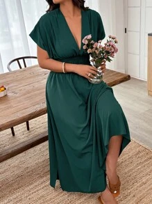 SHEIN Clasi Đầm xòe xẻ eo màu trơn thường ngày cỡ lớn, phong cách kỳ nghỉ - Màu xanh lá cây đậm - Xem 3