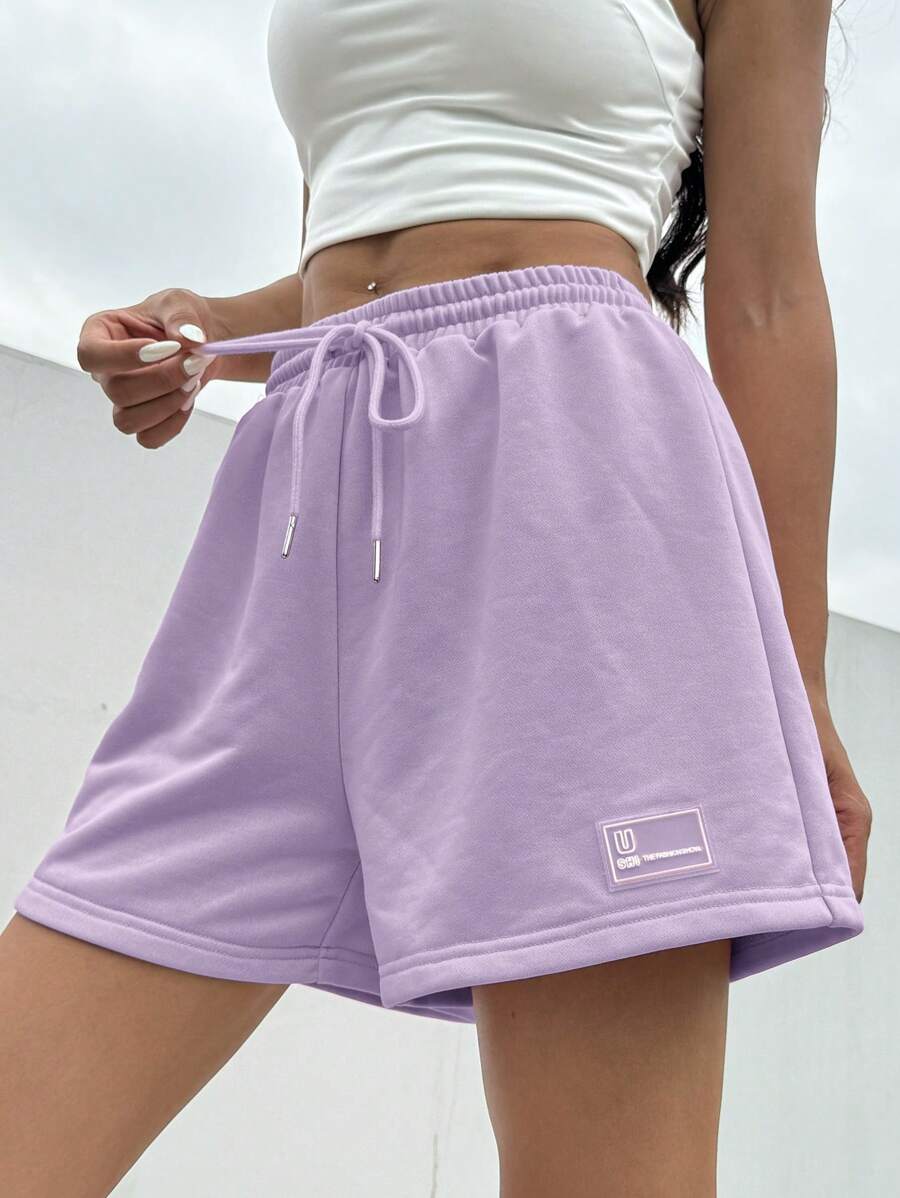 SHEIN EZwear Quần short thể thao EZwear Summer Loose Casual Pink Drawstring Waist Patch Detail - Màu Lilac Tím - Xem 1
