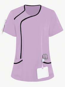 TaskEZ Maglietta donna con bordi a contrasto di colore, maniche corte, camice da lavoro