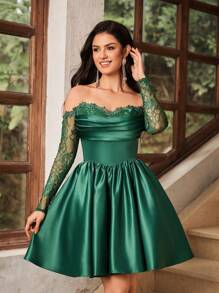 Lovelzi Elegant And Luxurious Green Off-Shoulder Mesh Long Sleeve Lace Patchwork Satin Peplum Dress, Wedding Guest Dress, Suitable For Weddings, Parties, Dates, Balls And Other Special Occasions, Party Dress, Prom Dress - Dark Green - View 1