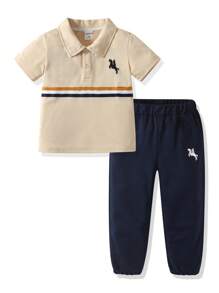 SHEIN 2pcs/Set Young Boy Summer Casual Striped Knight Print T-Shirt And Pants Set - Apricot - View 3