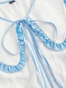 SHEIN MOD 加大码荷叶边蝴蝶结短款开衫，适合度假和日常穿着，春夏毛衣短裤母亲节毕业典礼优雅女士上衣工作女士上衣夏威夷女士服装墨西哥上衣文艺复兴博览会 - 藍白色 - 查看 3