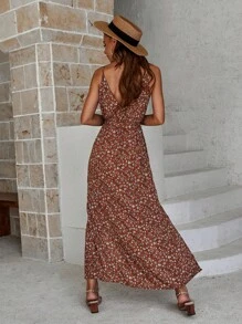 SHEIN Clasi Floral Print Sleeveless Split Dress, Casual Summer - Brown - View 2