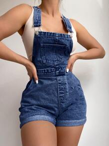 EMERY ROSE Summer Casual Washed Denim Bib Shorts - Dark Wash - View 1