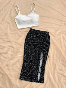 Soleia 2 件套女士度假针织纹理吊带背心和心形印花抽绳开衩裙 - 黑色 - 查看 6