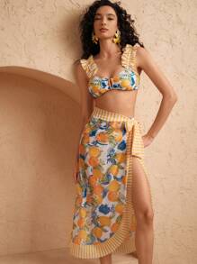 Swim Oasis 3pcs Retro Floral Print Ruffled Sling Swimsuit Set, Elegant For Summer Beach Vacation - Multicolor - View 11