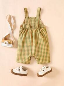 Souflis Souflis Cute Puppy Embroidery Toddler Boys' Splice Plaid Pocket Bib Shorts, Casual Street Style, Spring/Summer - Green - View 2