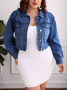Plus Size Women's Long Sleeve Faux Pearl Decor Single-Breasted Denim Jacket - Medium Wash - View 1
