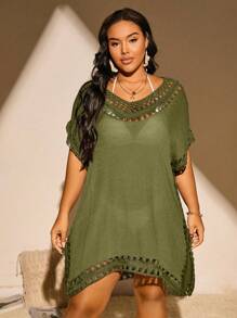 Swim Basics Plus Size Women Loose Knitted Solid Color Beach Cover Up For Summer Beach Vacation - Army Green - View 3
