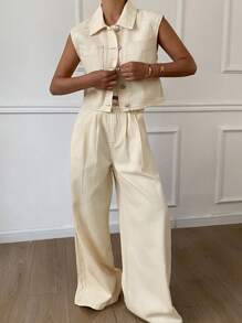 Livesso Women's Single-Breasted Vest And Wide-Leg Jeans Suit Work Women Clothes