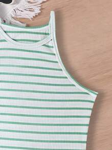 4pcs/Set Tween Girls Casual Striped Tank Dress, School, Campus, College - Green - View 4
