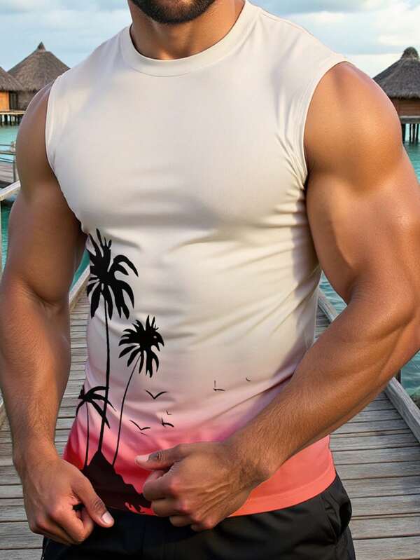ResortEase Débardeur casual motif dégradé arbre de noix de coco pour homme grande taille