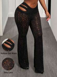 BamGleam Women Lace Hollow Out Waist Flare Leg Pants, Club Sexy,Western Wear Women,Gyaru,Concert Rave Festival - Black - View 1