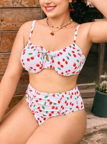 Swim Mod Plus Size Women 2pcs/Set Random Floral Print Steel Hooped Bikini Swimsuit, Sweet & Cute For Beach Holiday