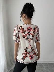 Elenzga Blusa con estampado floral, manga abullonada y nudo adelante para mujer, ideal para vacaciones
