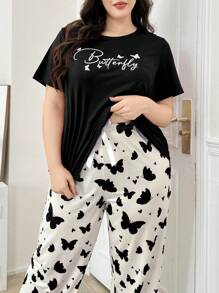 Plus Size Women's Letter & Butterfly Print Short Sleeve Pajama Set - Black - View 6