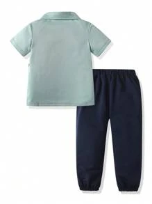 SHEIN 2 件套男童条纹短袖 Polo 衫和裤子 - 薄荷綠 - 查看 2