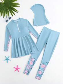 可爱少女椰子树印花分体泳衣套装