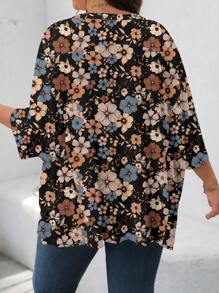 SHEIN LUNE Maglietta casual oversize da donna con stampa floreale vintage, scollo tondo, manica 3/4, adatta per primavera ed estate, disponibile in taglie comode